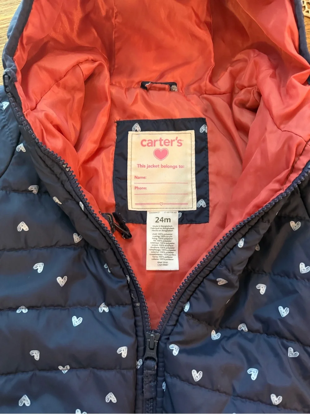 Carter's Navy Puffer Jacket with Coral Lining and White Hearts